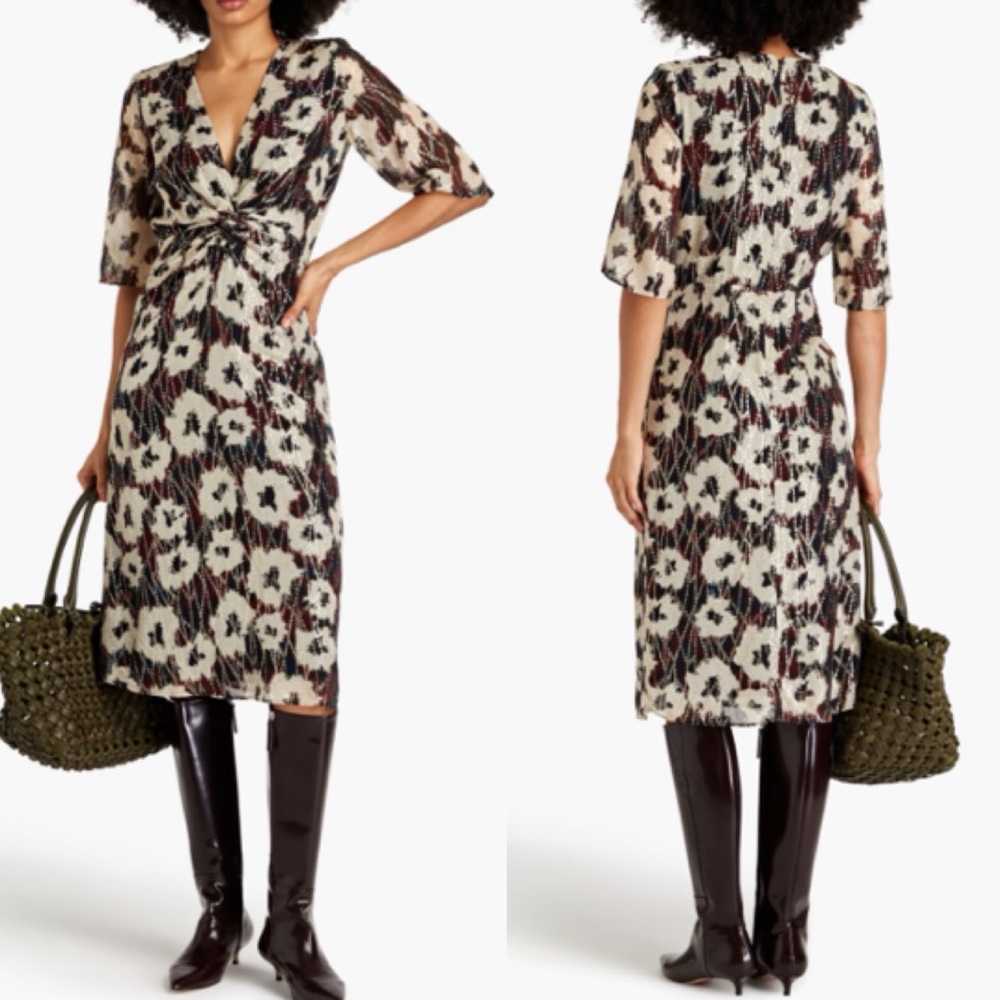 BA&SH Kaz Dress Metallic Midi Twist Front Waist in Ecru S/4